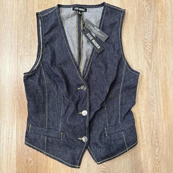 Steve Madden Jackets & Blazers - Navy denim vest with yellow